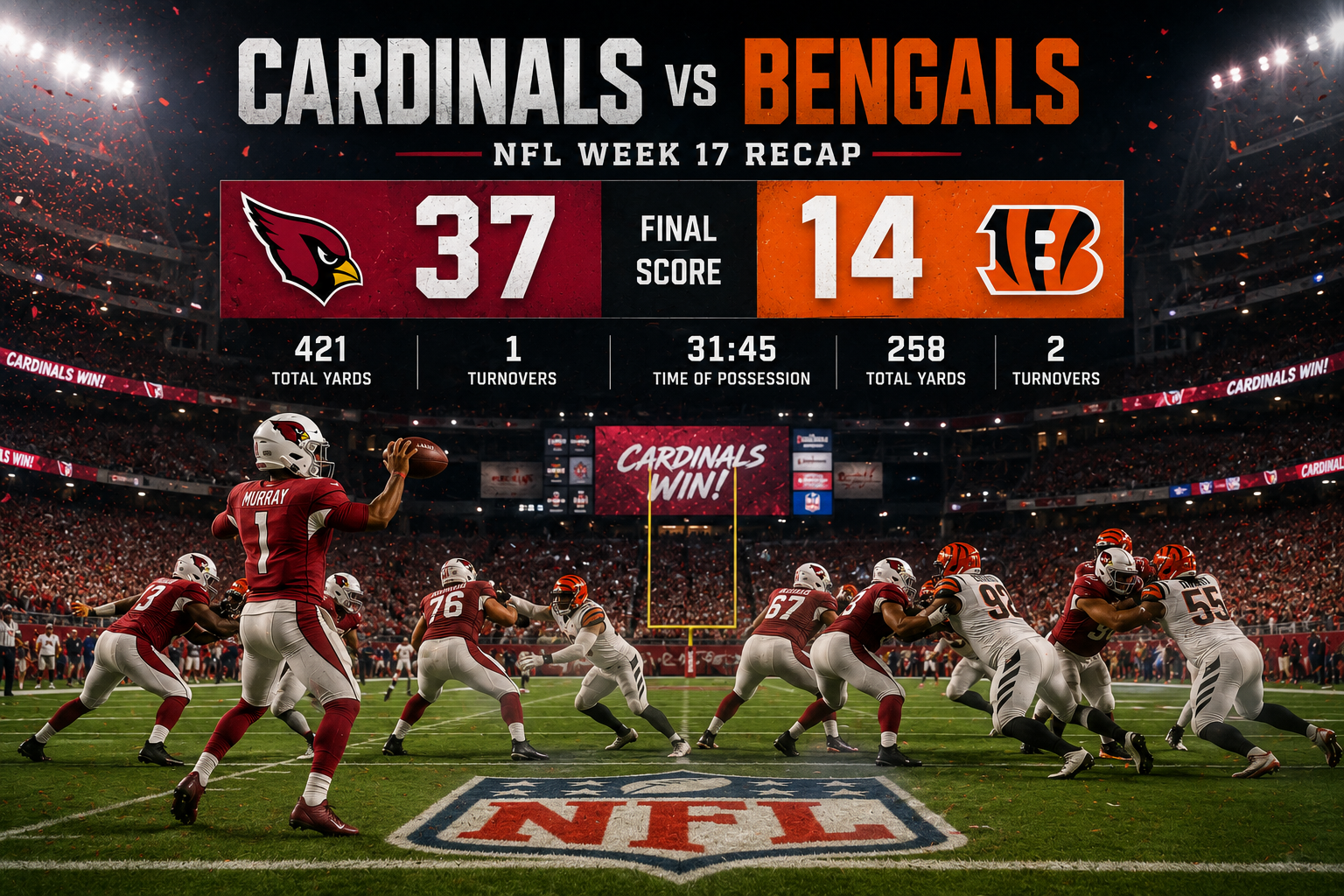 A wide-angle American football stadium under bright floodlights during a night game. A quarterback prepares to throw while players battle at the line of scrimmage. A large stadium scoreboard displays a Cardinals vs Bengals Week 17 final score of 37–14, creating a dramatic NFL game-day atmosphere with a packed crowd and championship-style lighting.