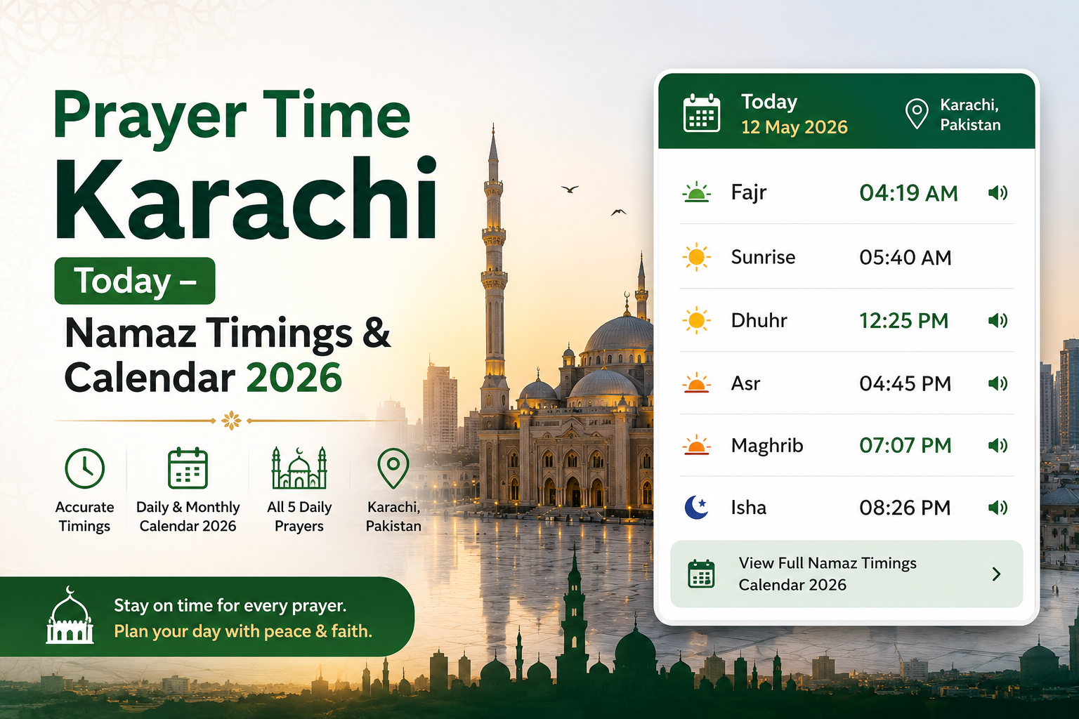 Prayer Time Karachi Today – Namaz Timings & Calendar 2026